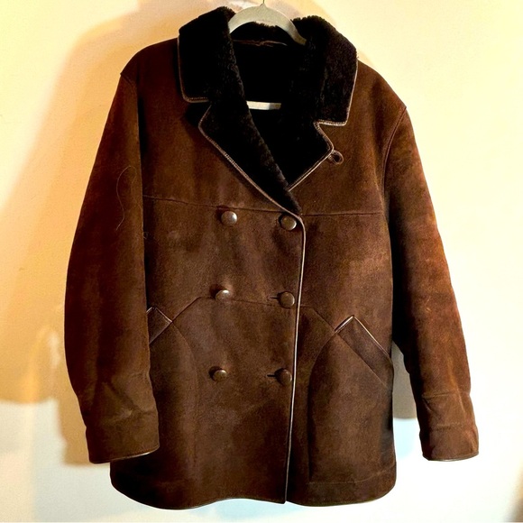 GENUINE SHEEPSKIN Sz 42 Coat Double Breasted Covered Buttons Turned Collar - Picture 1 of 10